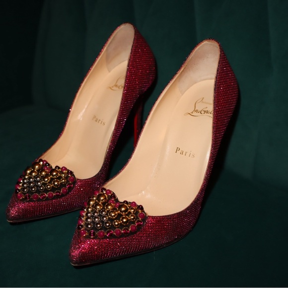 Christian Louboutin Shoes Pink Coralta Mia 100mm Glitter Studded Heart Point-toe - Picture 11 of 12
